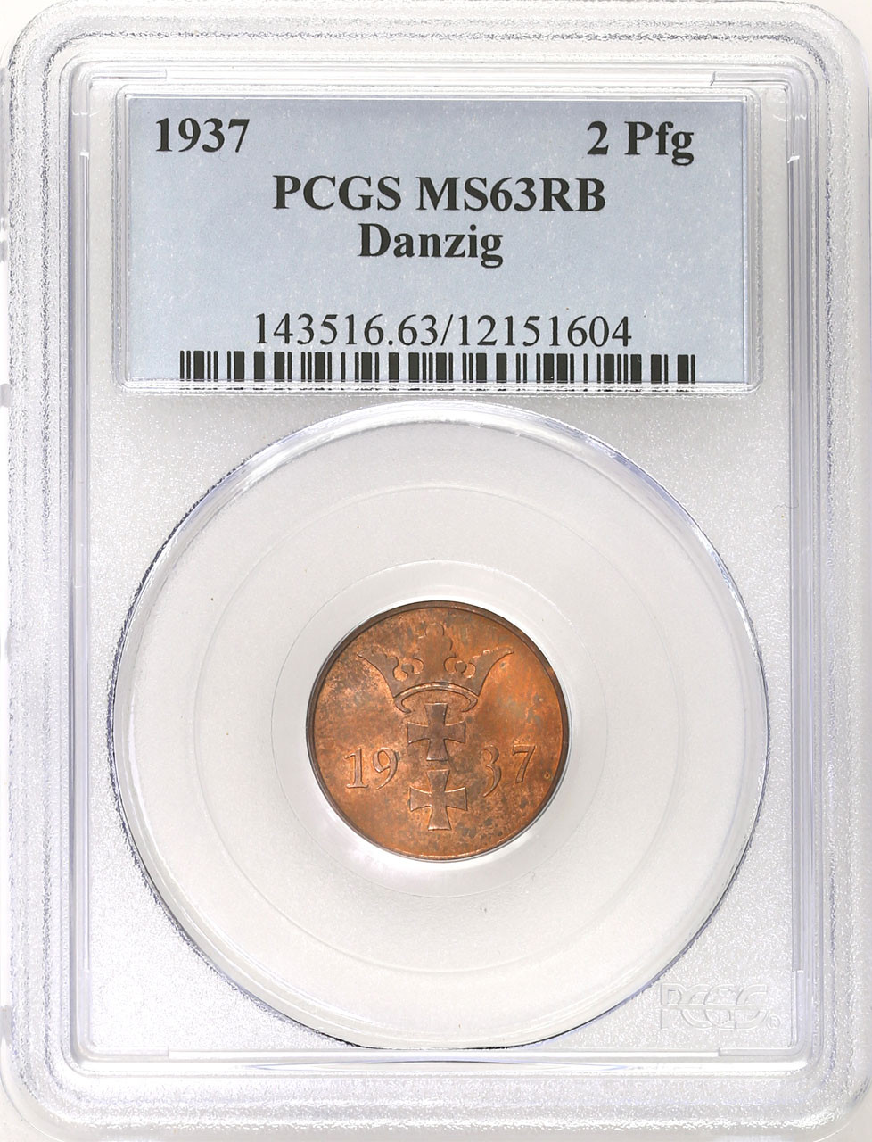 Wolne Miasto Gdańsk/Danzig. 2 fenigi 1937 PCGS MS63 RB